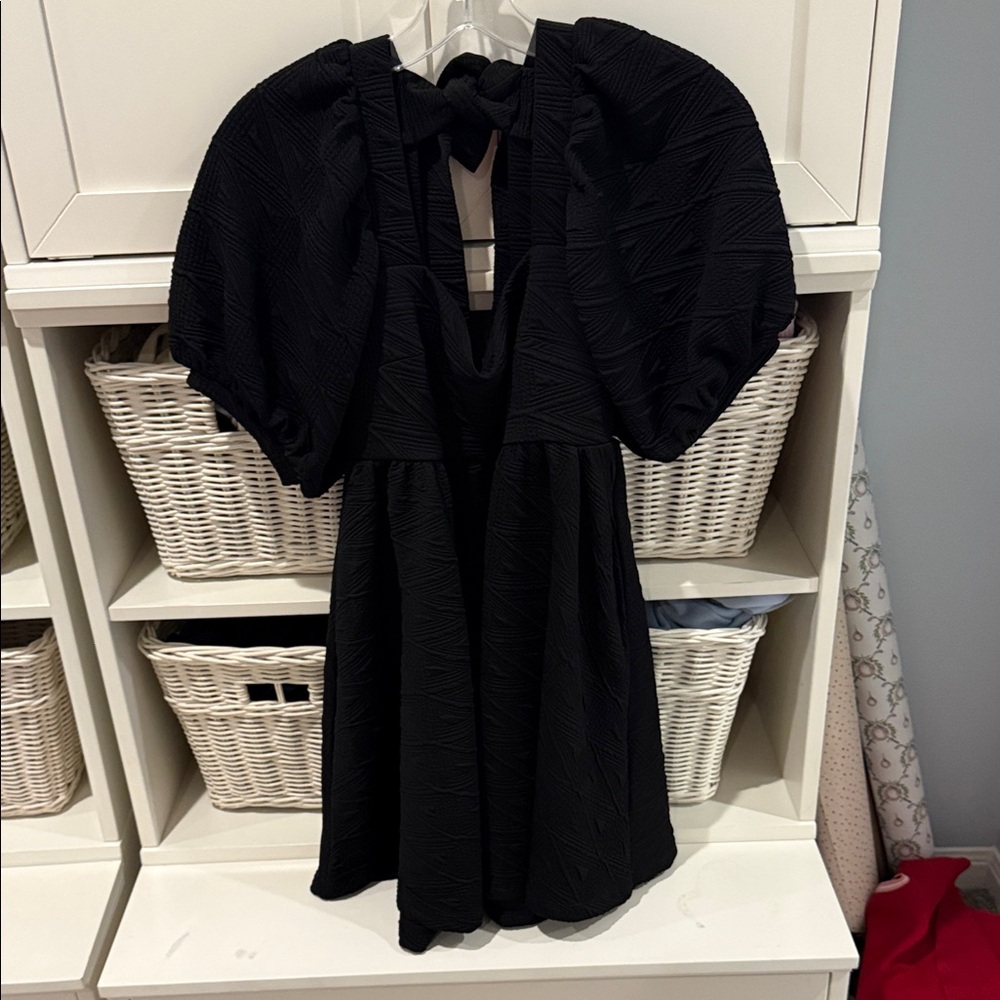 Free People Black Textured Puff-Sleeve Mini Dress